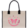 a white bag with a pink butterfly on it