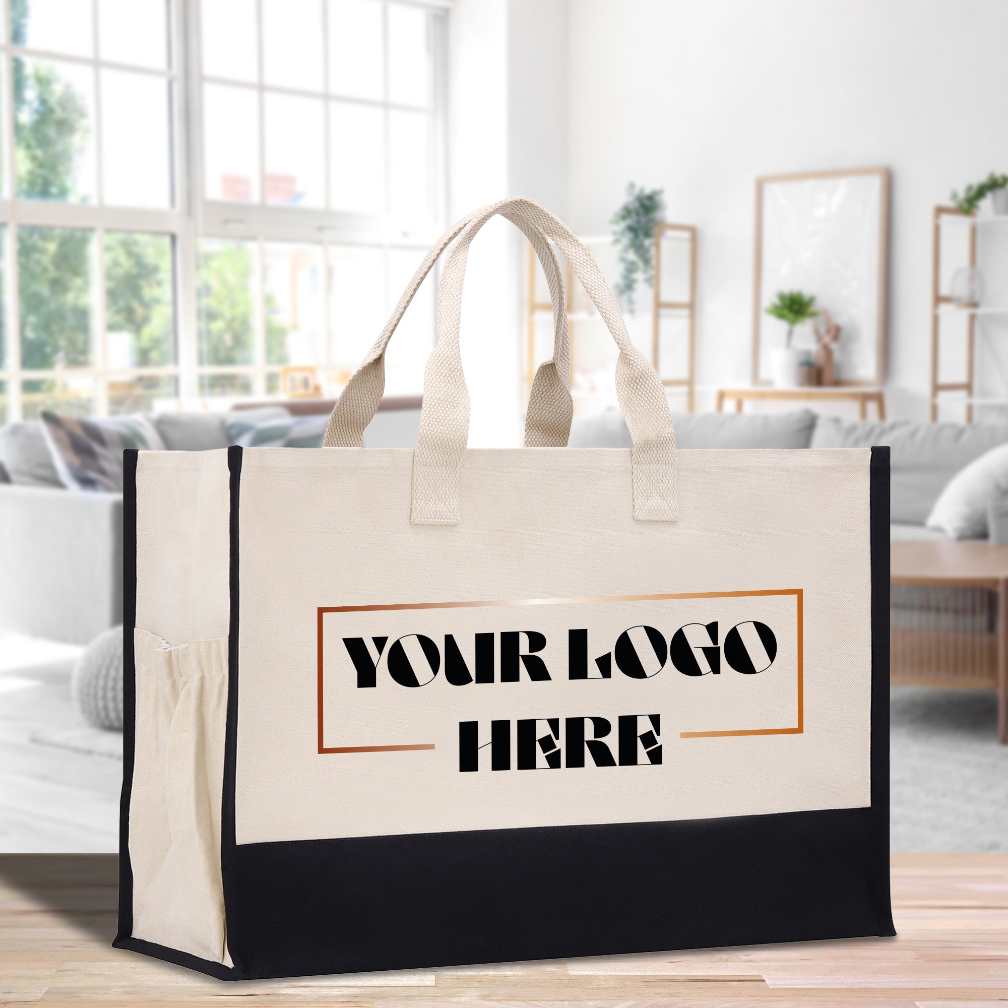 a white and black bag sitting on top of a wooden table