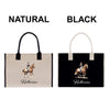 two handbags, one natural and one black, both featuring a horse image and the name "Katharine" printed on them.
