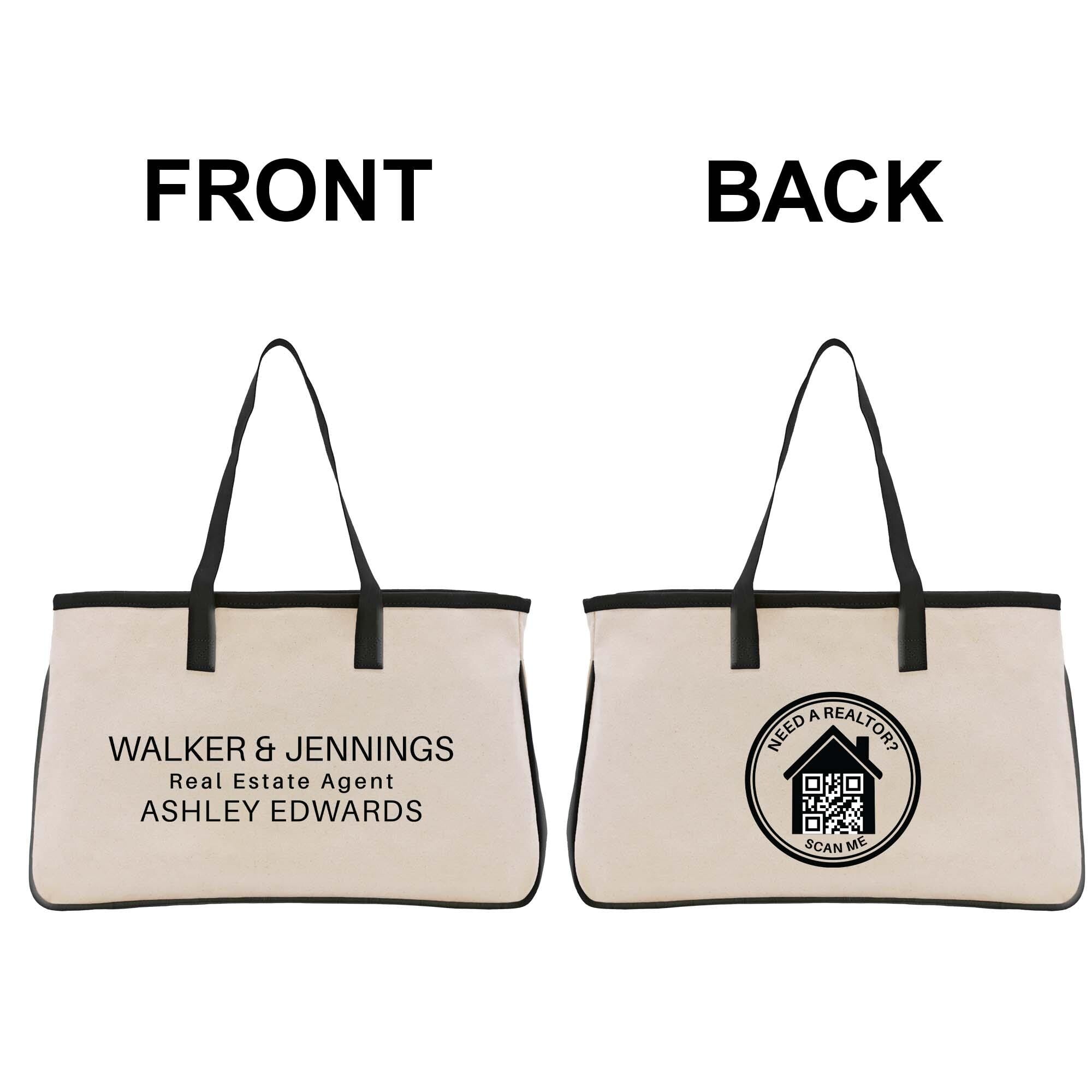 a beige tote bag with black handles and straps, displaying the text &quot;WALKER & JENNINGS Real Estate Agent ASHLEY EDWARDS&quot; on the front and a logo on the back.