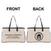 a beige tote bag with black handles and straps, displaying the text "WALKER & JENNINGS Real Estate Agent ASHLEY EDWARDS" on the front and a logo on the back.