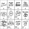 a collection of black and white text and numbers celebrating a 25th anniversary, including phrases like "Happy Anniversary!", "Happy Wedding Anniversary", "So in Love", "We Still Do", "Happy 25th", "Happy 50th", and "Cheers to 30 years".