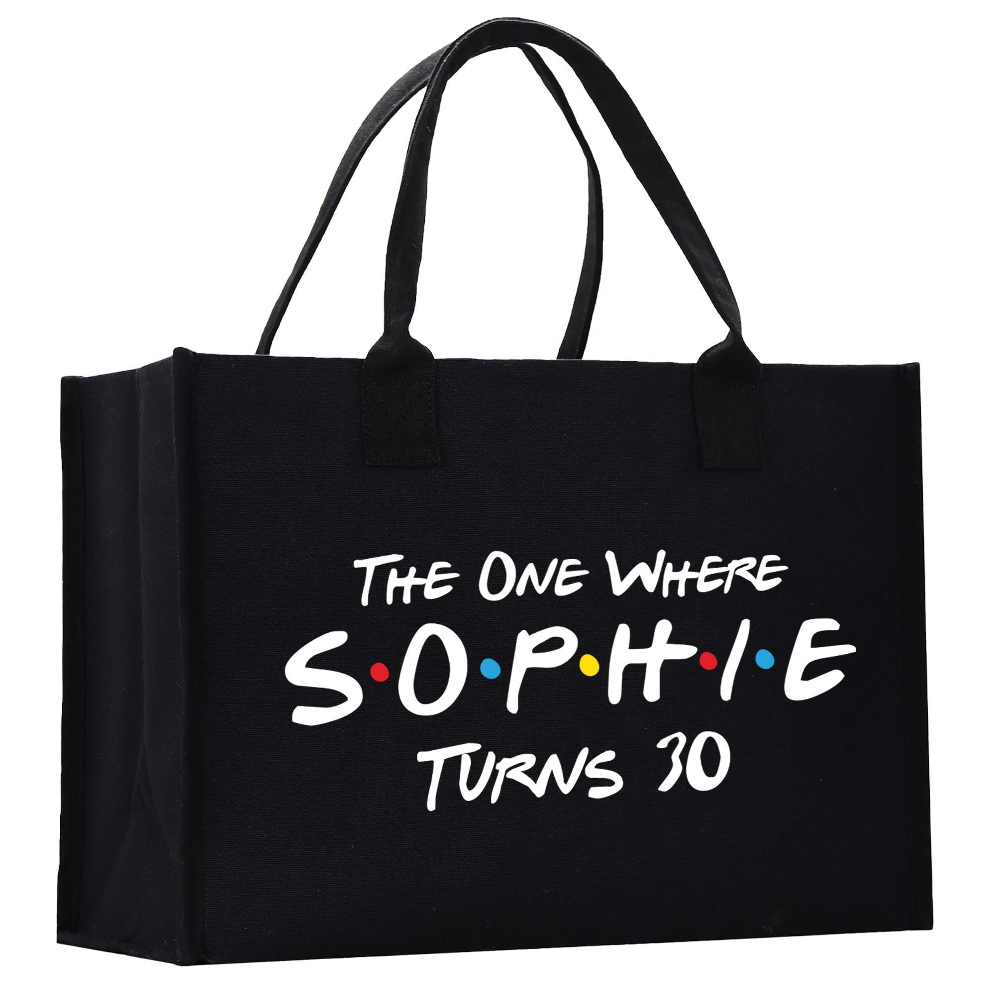 a black shopping bag with the words the one where sophiie turns 30
