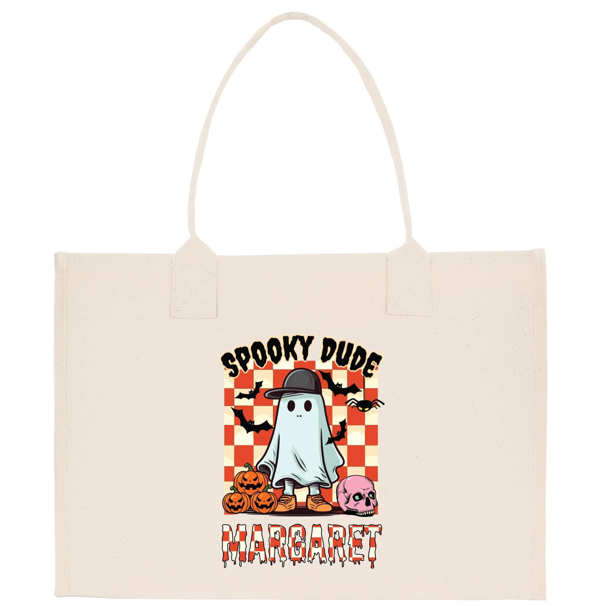 a white bag with a cartoon ghost on it