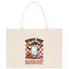 a white bag with a cartoon ghost on it