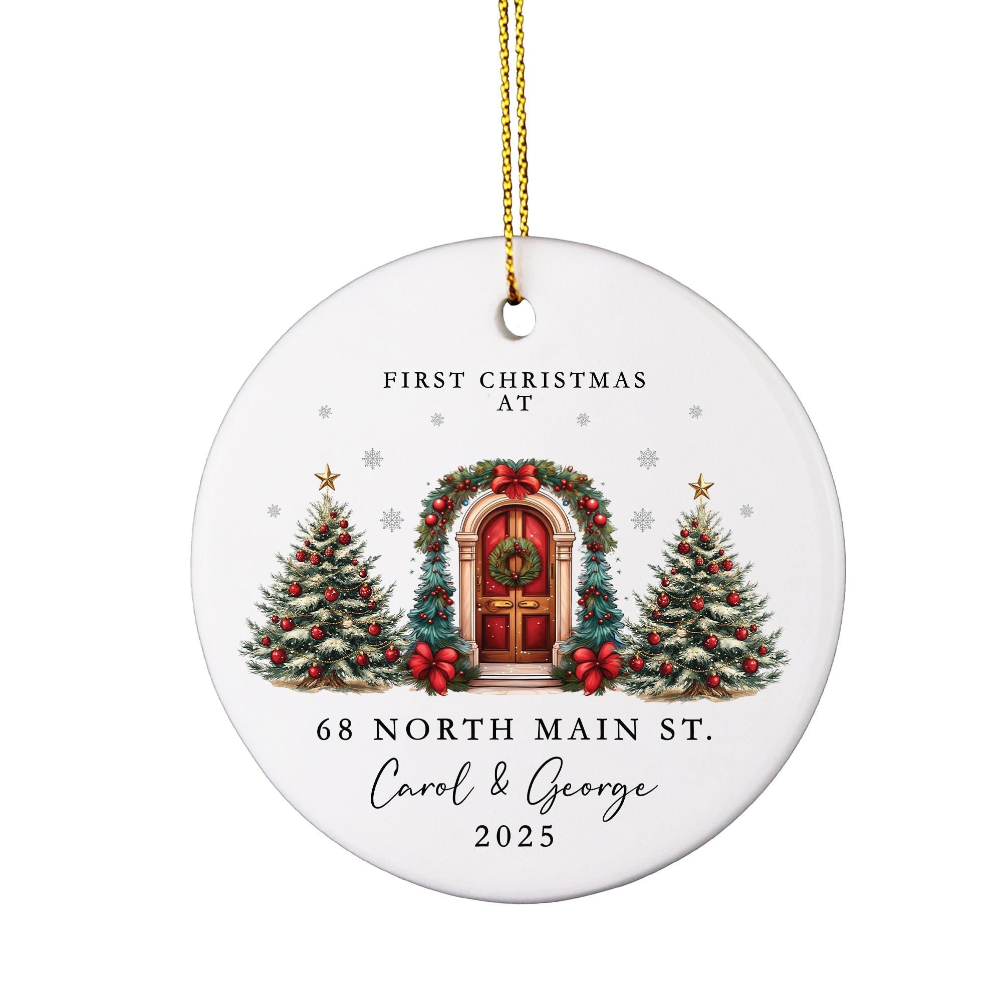 A white ornament with a red door and Christmas trees, along with the text &quot;First Christmas at 68 North Main St. Carol & George 2020&quot;.