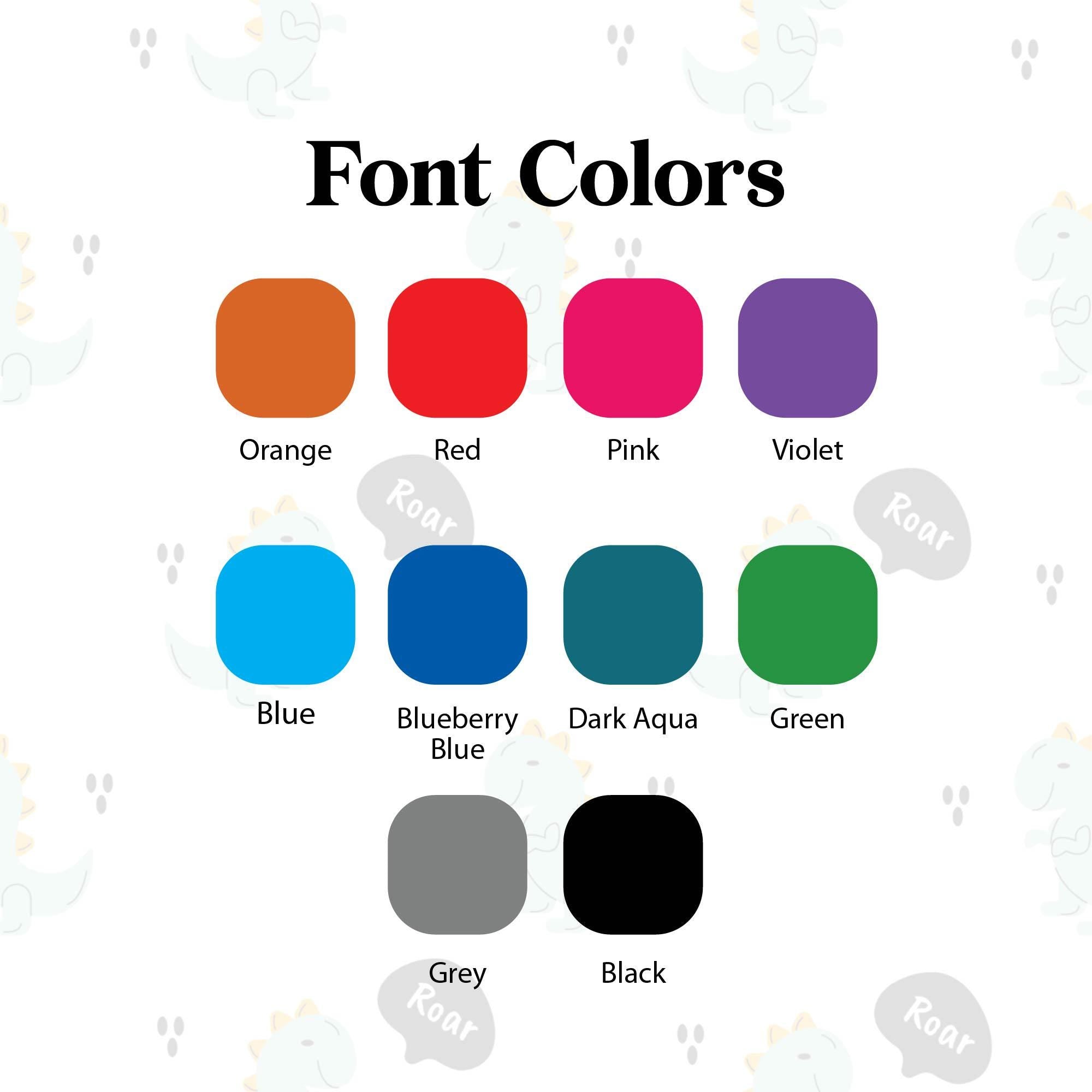 a collection of color swatches, each representing a different font color. The swatches include orange, red, pink, purple, blue, dark blue, green, blue, dark blue, green, black, and grey.
