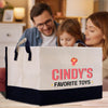 a man and a woman looking at a shopping bag