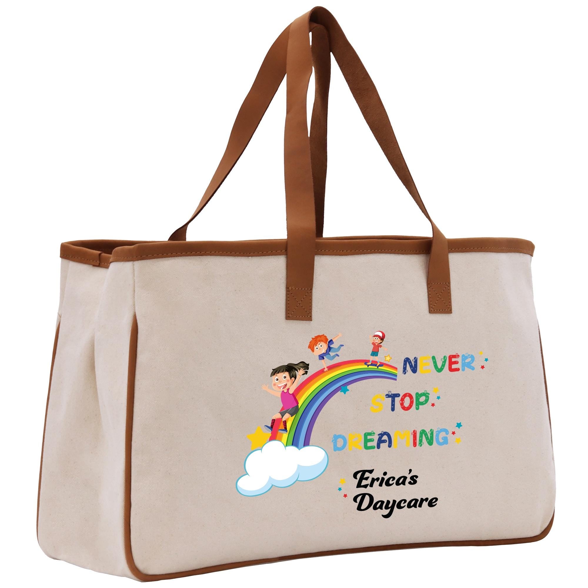 a canvas tote bag with a picture of a girl on a rainbow