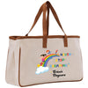a canvas tote bag with a picture of a girl on a rainbow