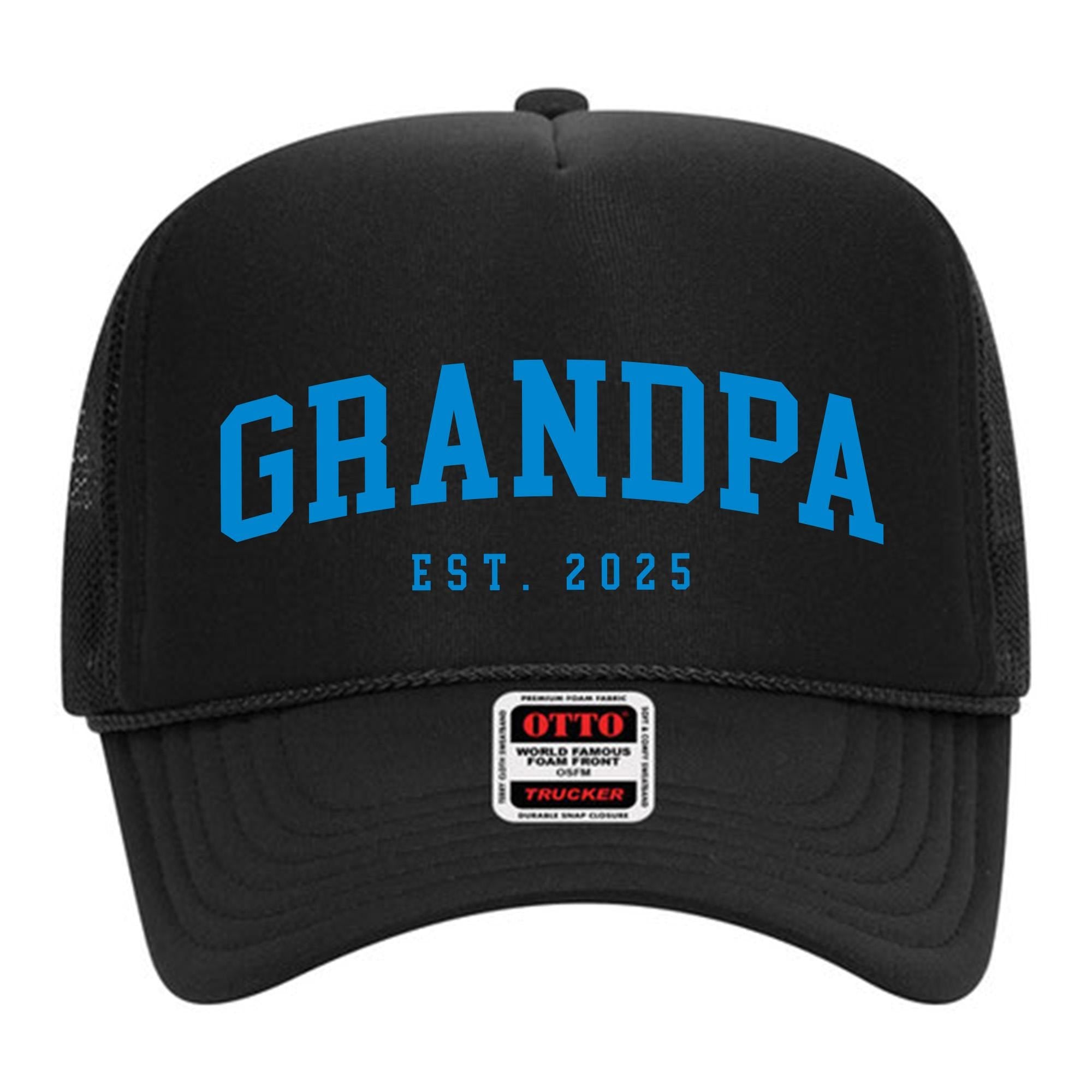 A black baseball cap with the text &quot;GRANDPA EST. 2025&quot; printed on it in blue letters.