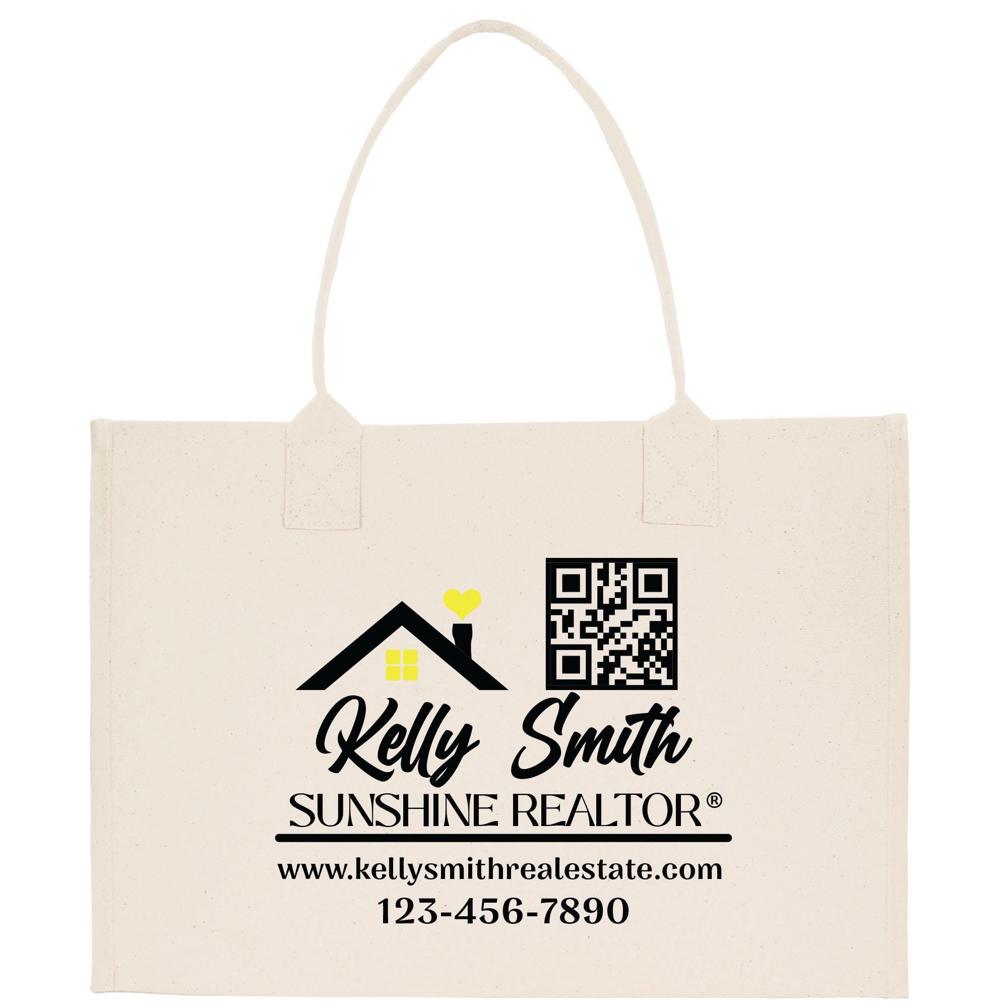 a white bag with a black and yellow logo on it