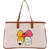 A beige tote bag with a cartoon pencil and a bow on it, along with the text "Mrs. Roberts" printed on it.