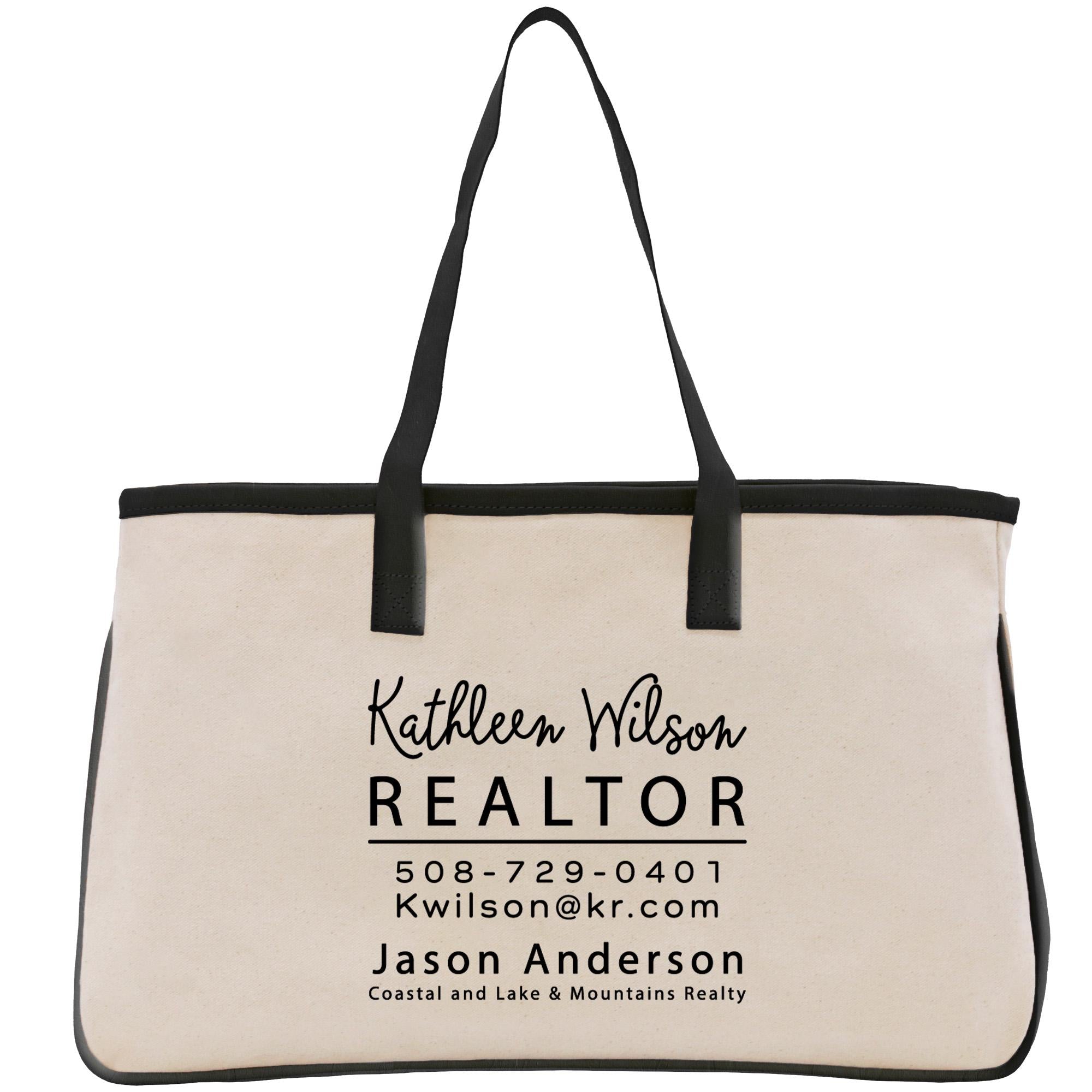 a canvas tote bag with a realtor logo on it