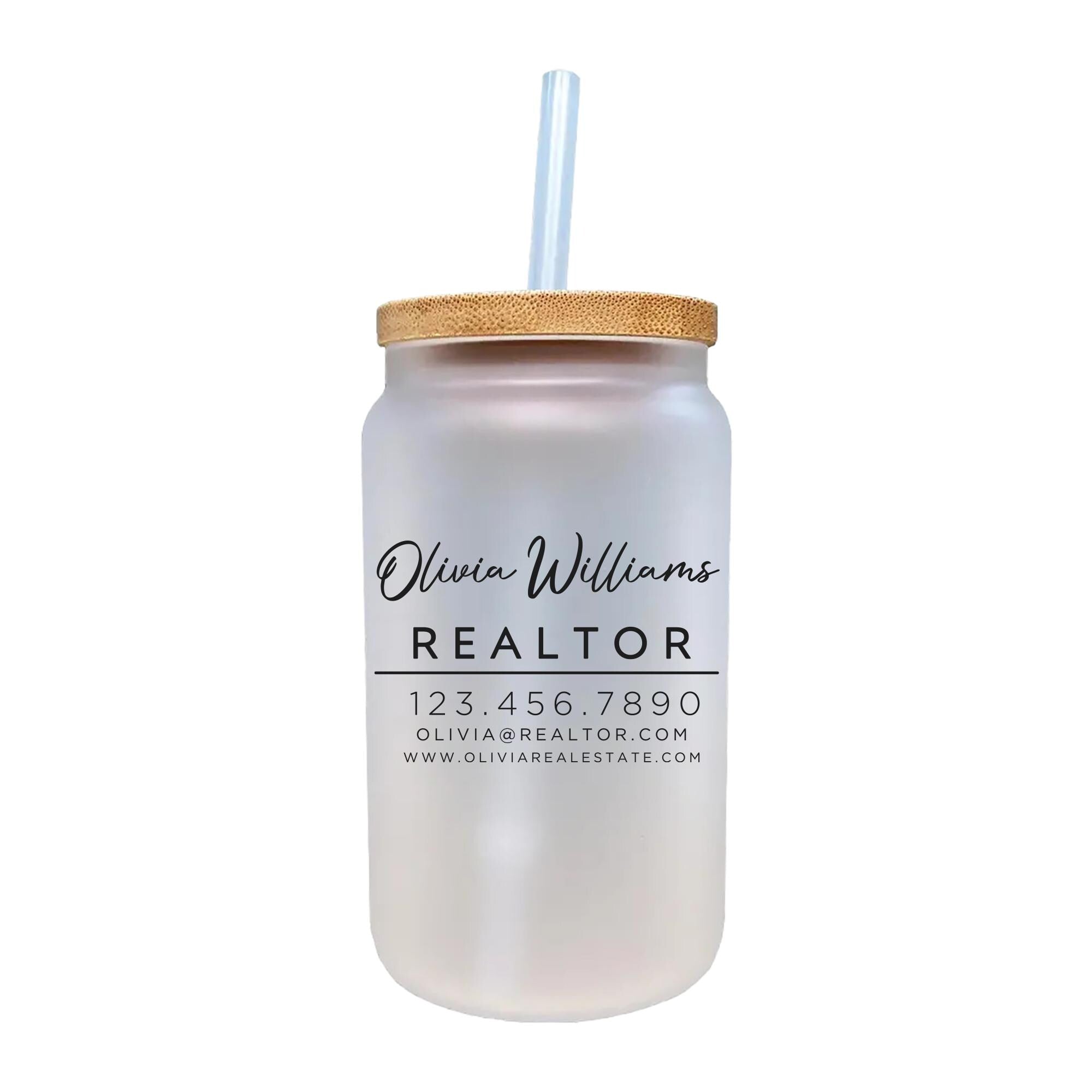 a white mason jar with a straw in it