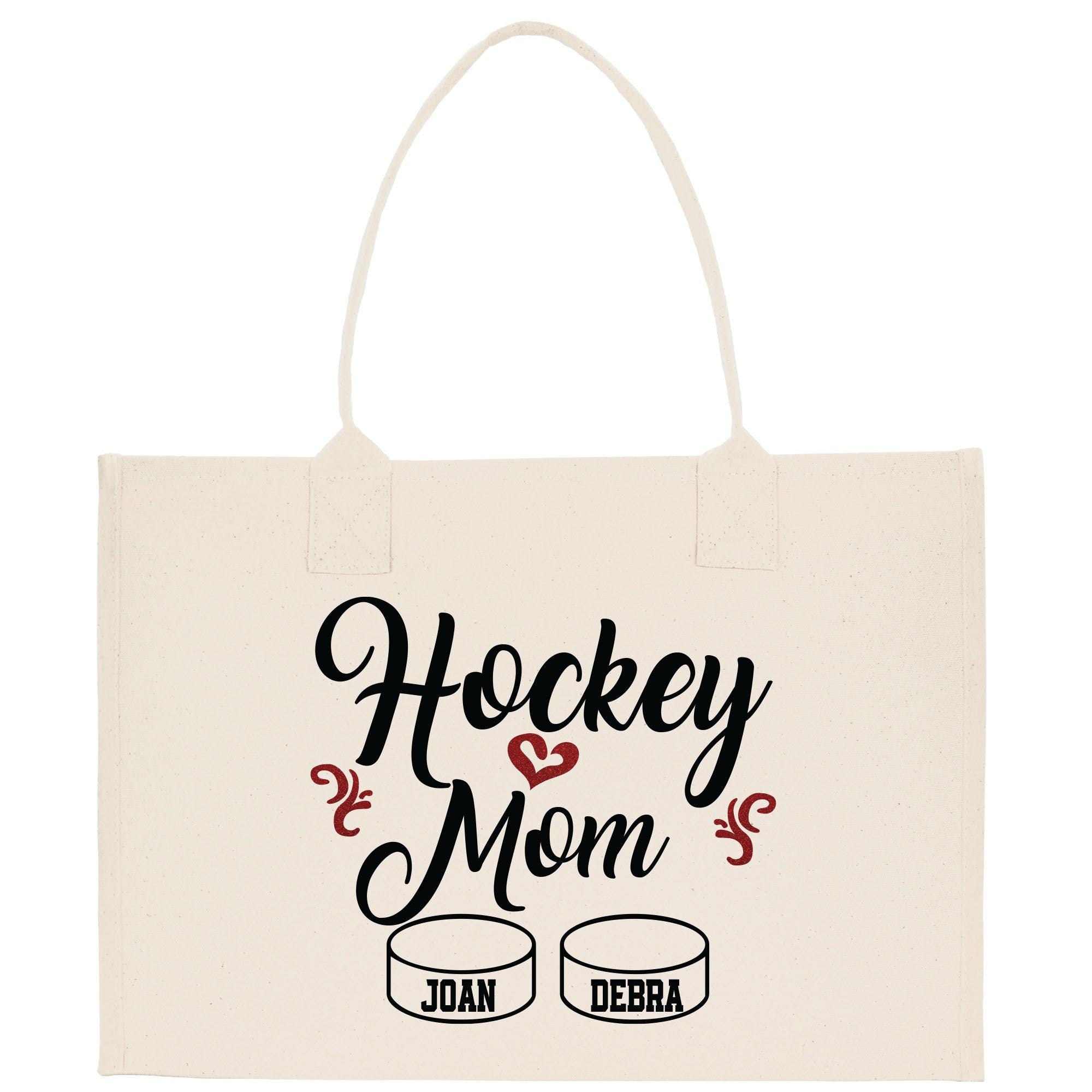 a tote bag with hockey mom written on it