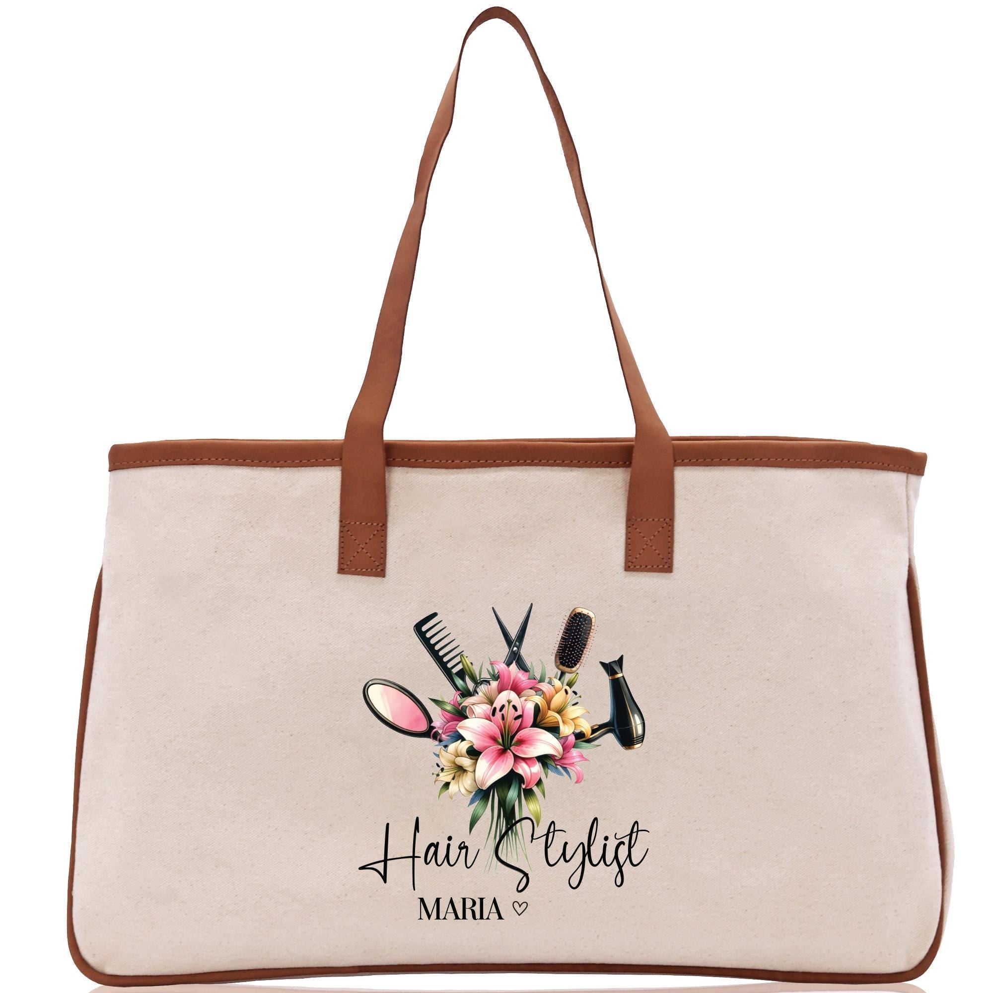 a white bag with a flower and scissors on it