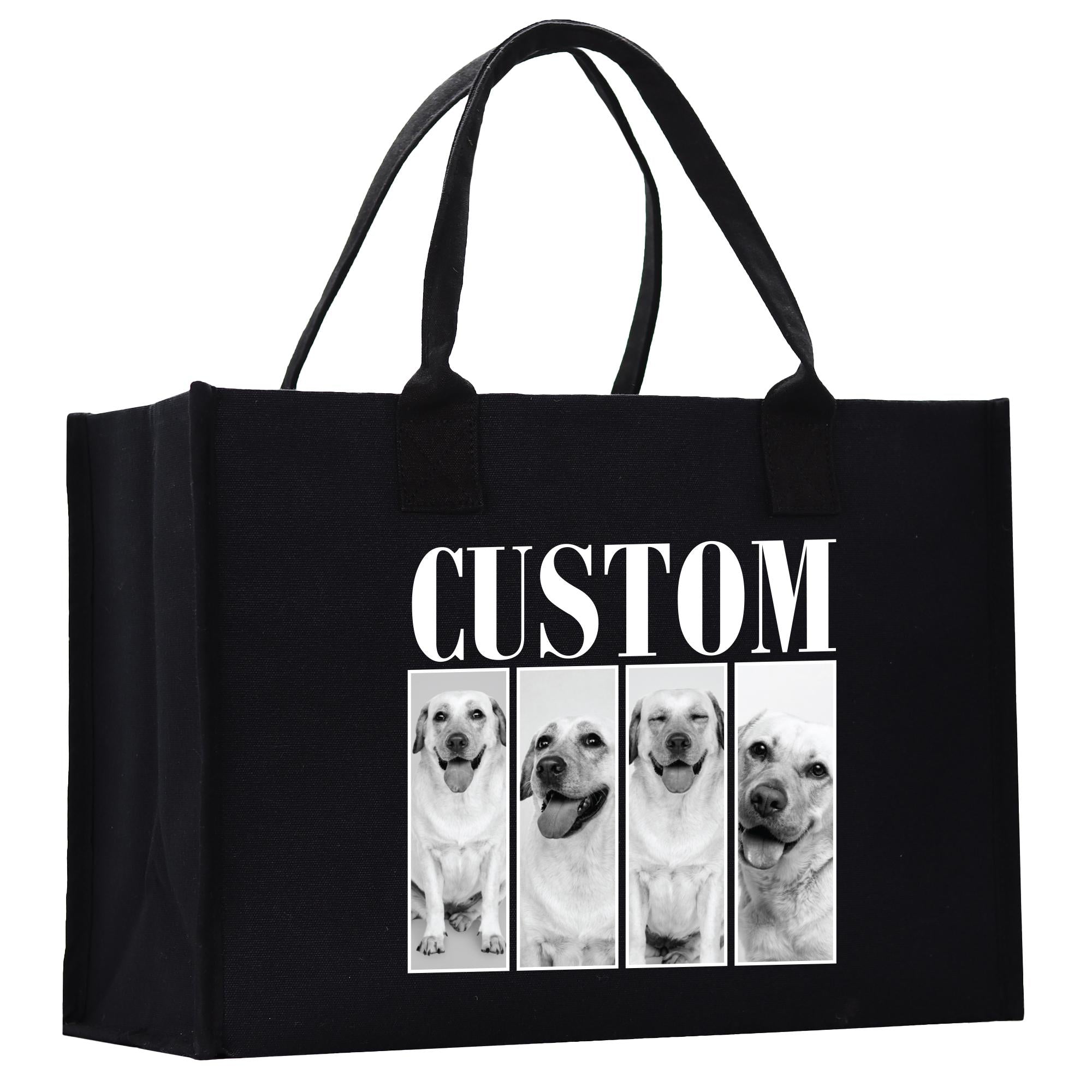 A black tote bag with a custom dog photo printed on it.