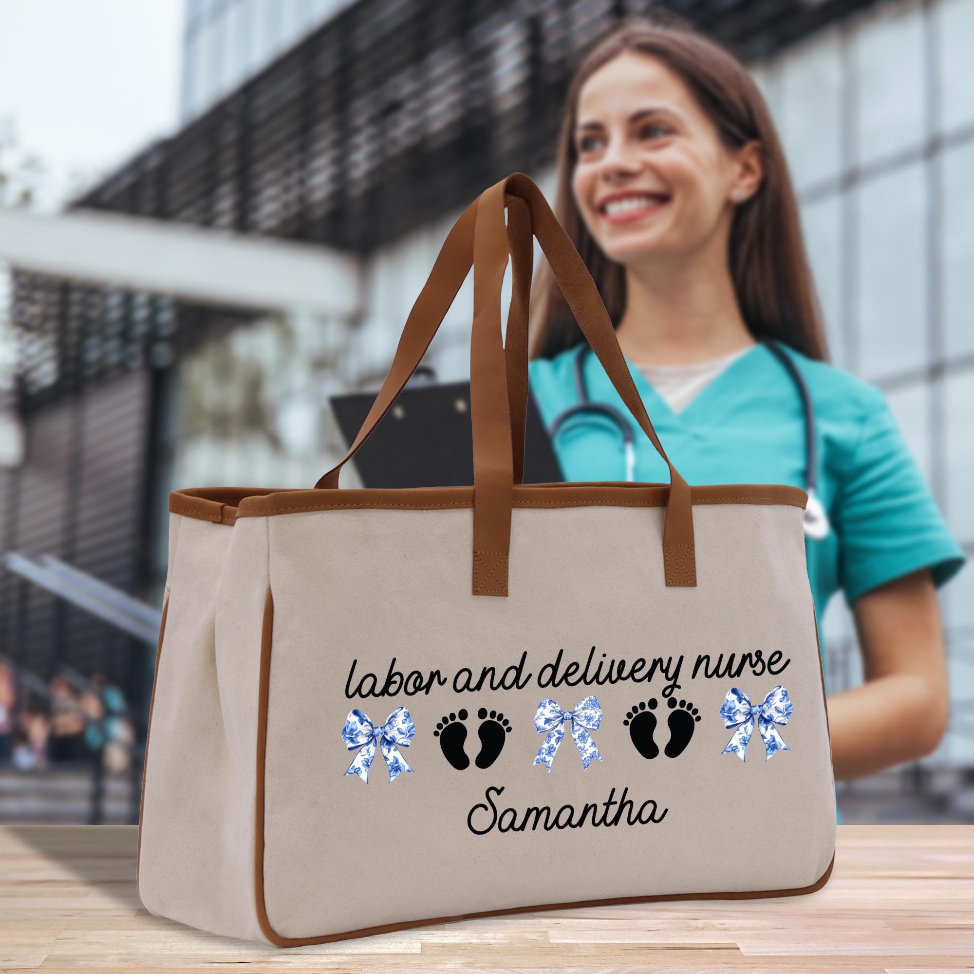 a woman holding a bag that says labor and delivery nurse