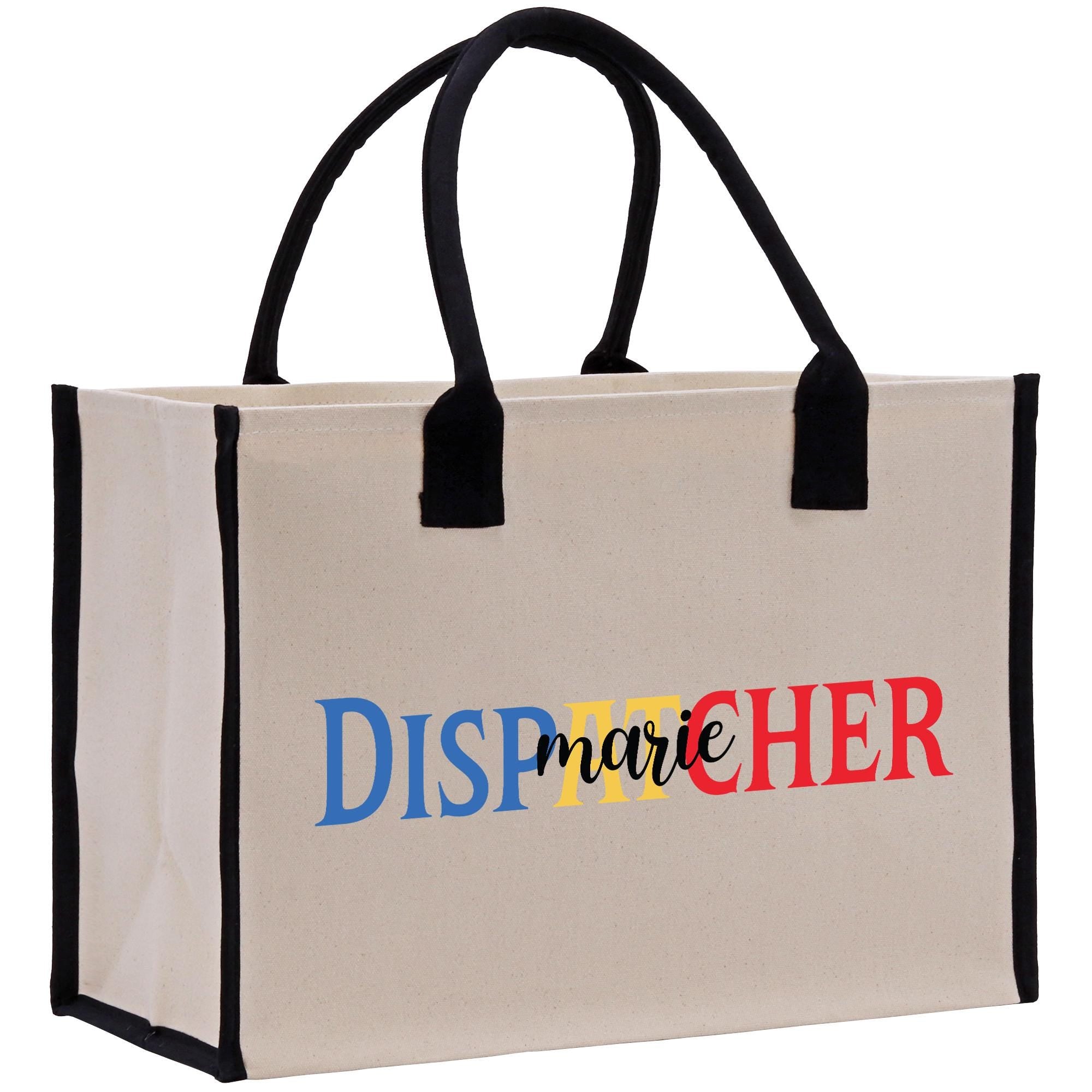 a white bag with a black handle and a colorful word on it