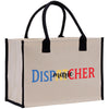 a white bag with a black handle and a colorful word on it