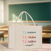 a white bag with words on it sitting on a table