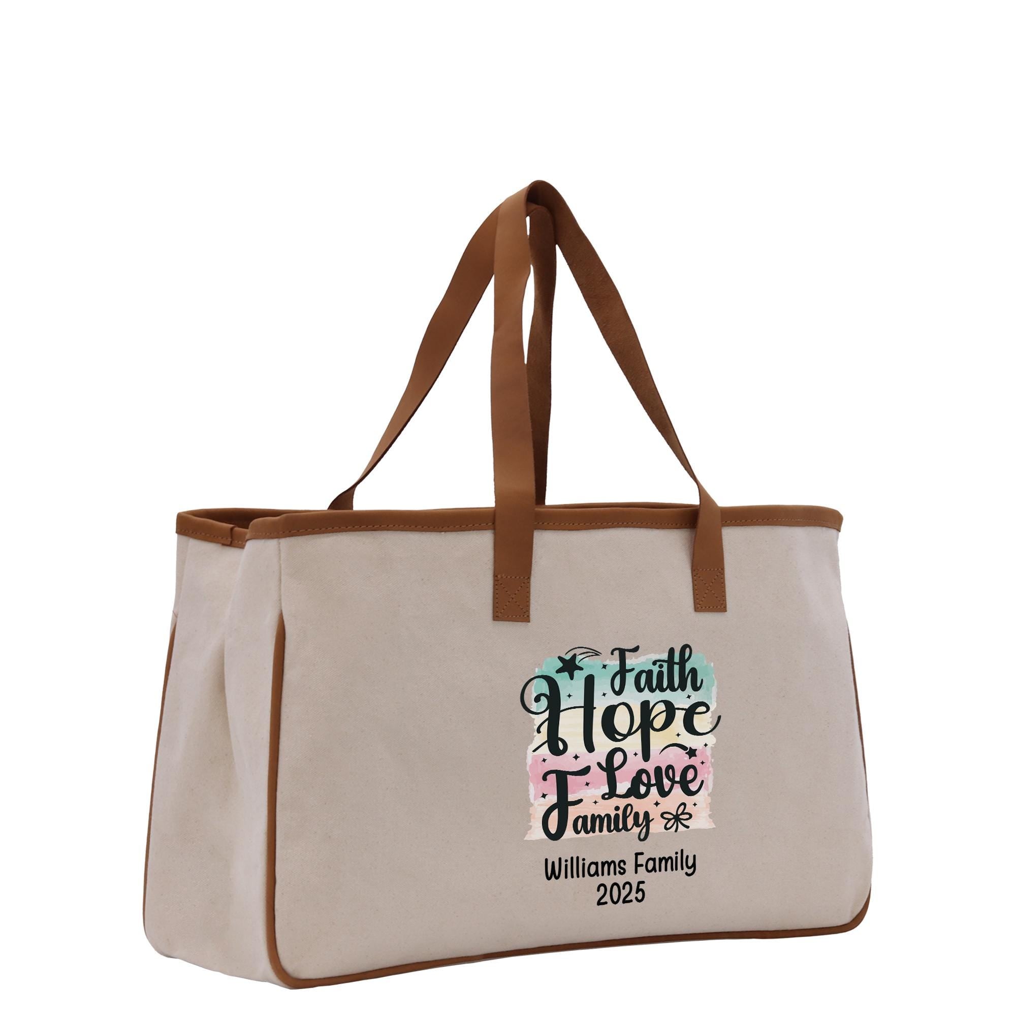 A beige canvas tote bag with a printed design on it.