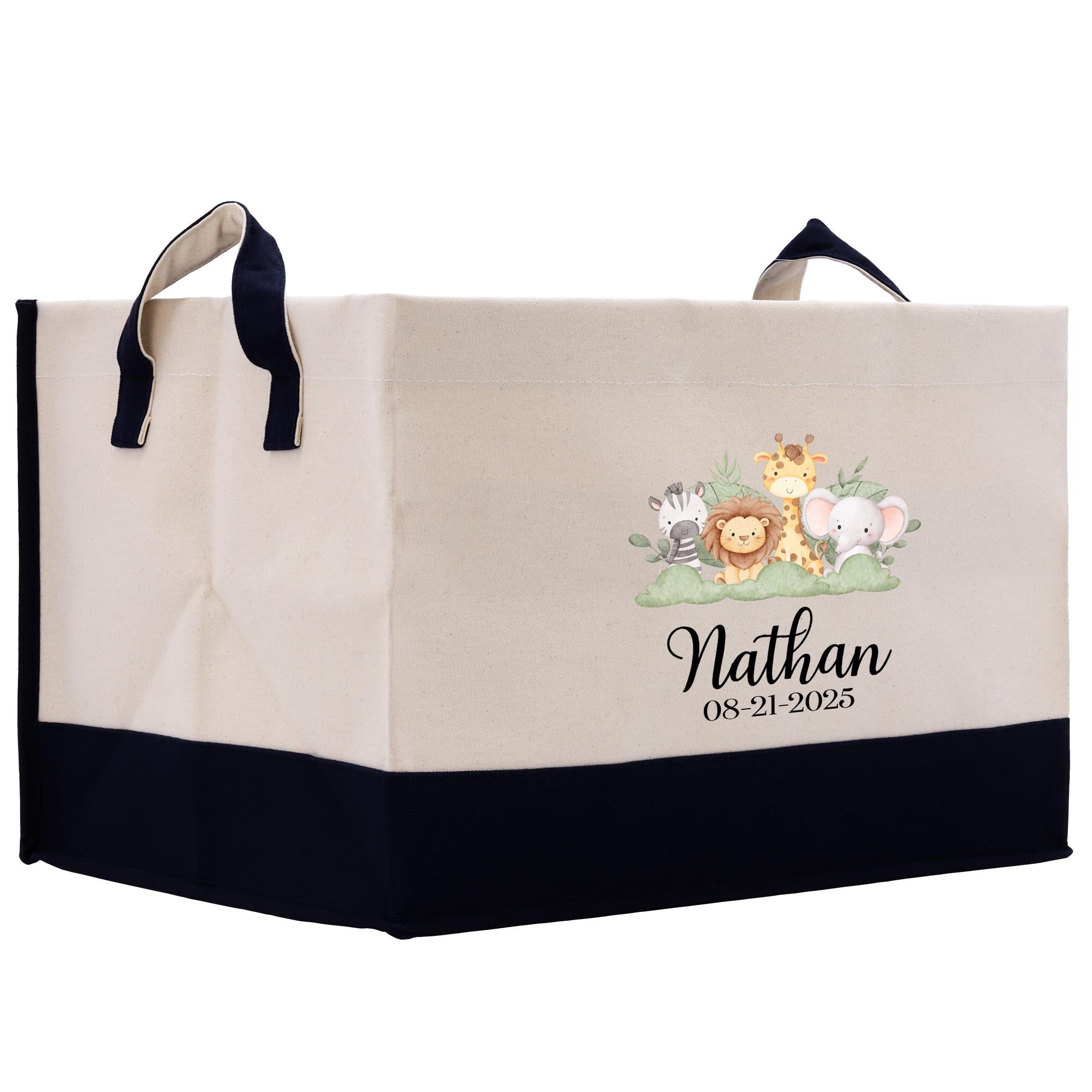 A beige canvas tote bag with a black trim, featuring a printed illustration of various animals, including a giraffe, lion, and elephant, along with the text &quot;Nathan 08-21-2025&quot;.