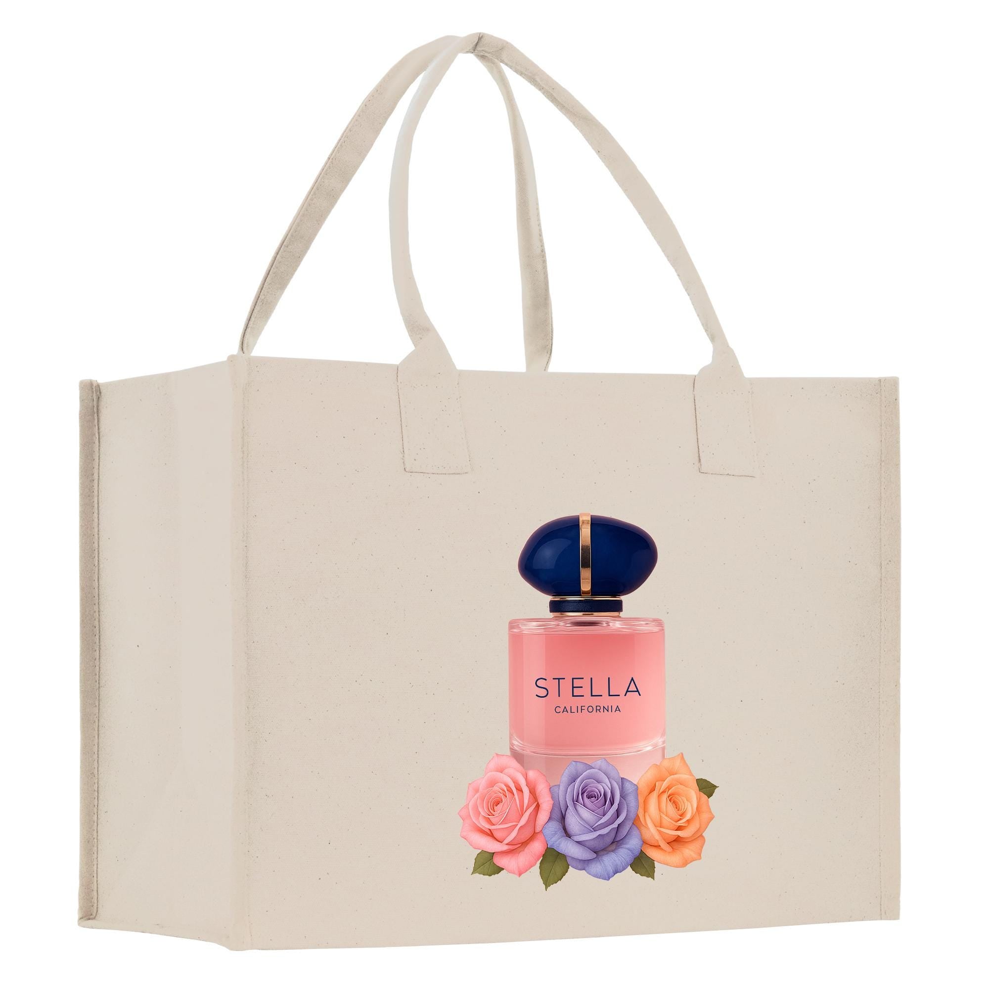 A beige tote bag with a printed image of a perfume bottle and colorful flowers on it.