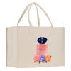 A beige tote bag with a printed image of a perfume bottle and colorful flowers on it.