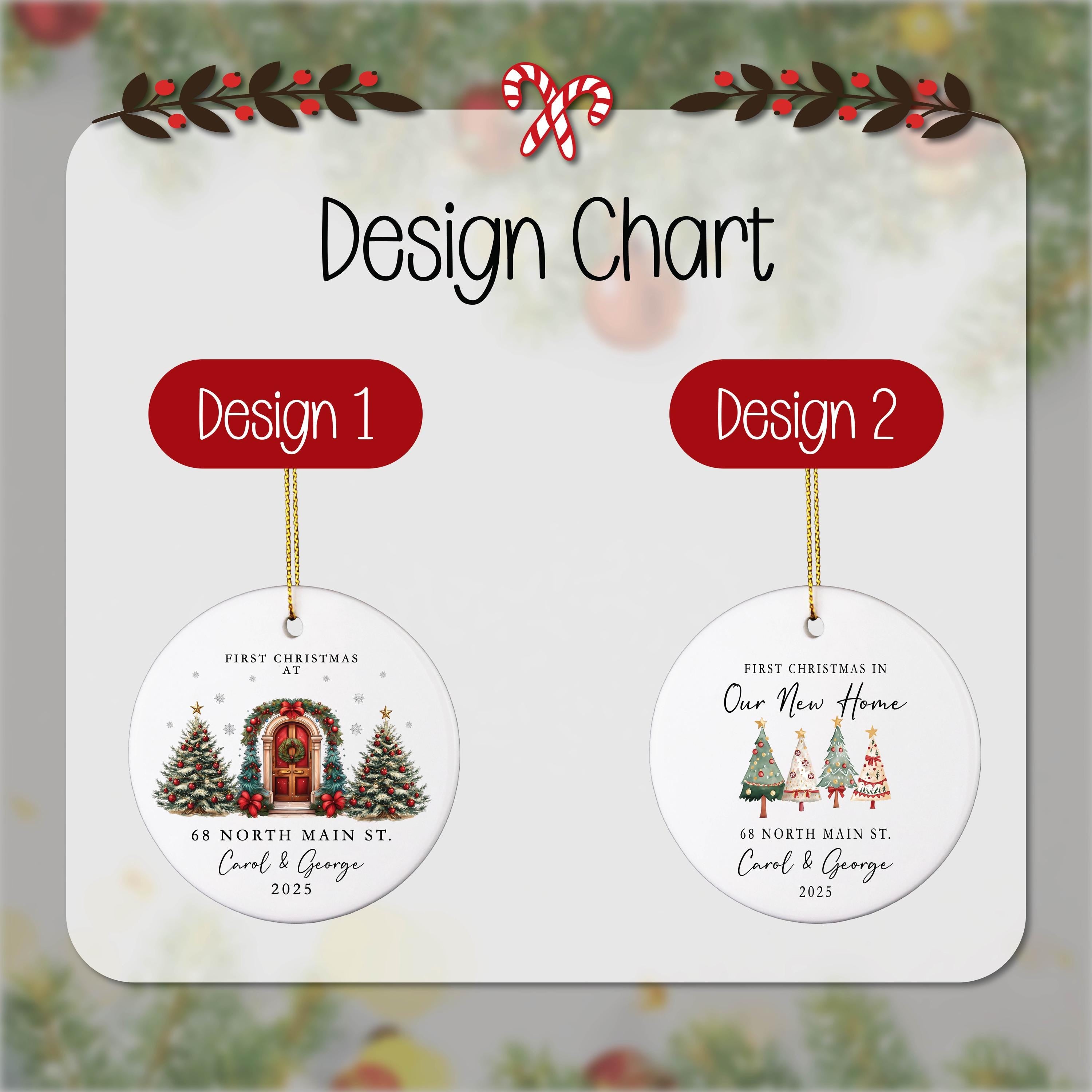 two round Christmas ornaments hanging from strings, each with a different design and text. The ornaments are labeled with the names of the houses and the year they were built.