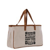 A beige canvas tote bag with a printed design on it.