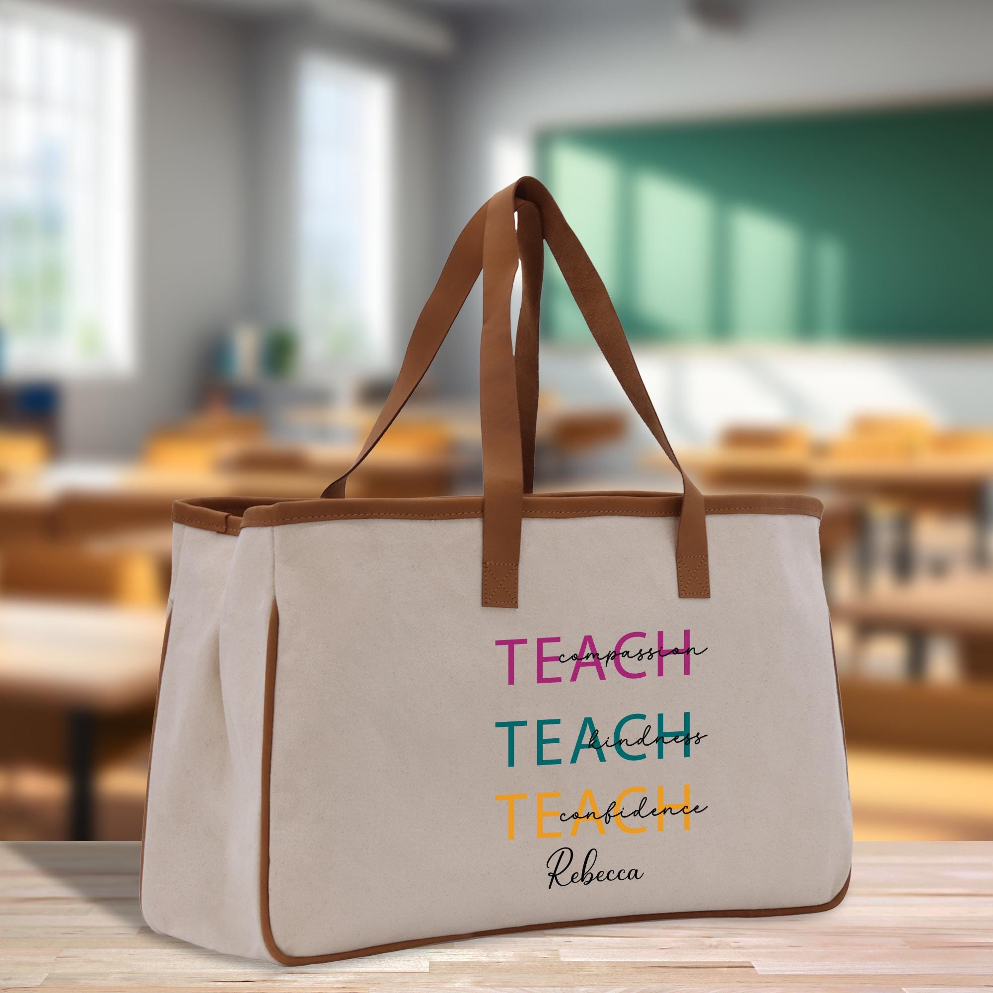 a canvas bag with a teacher&#39;s name on it