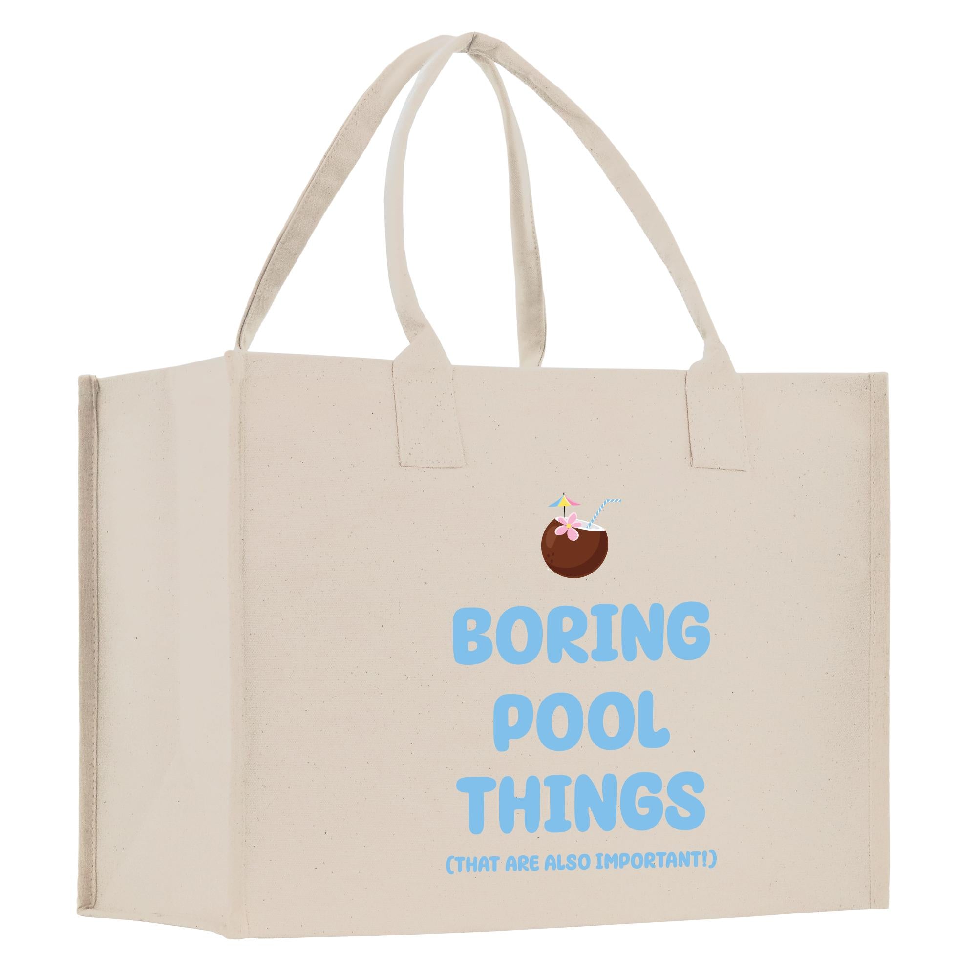 a white shopping bag with the words boring pool things printed on it