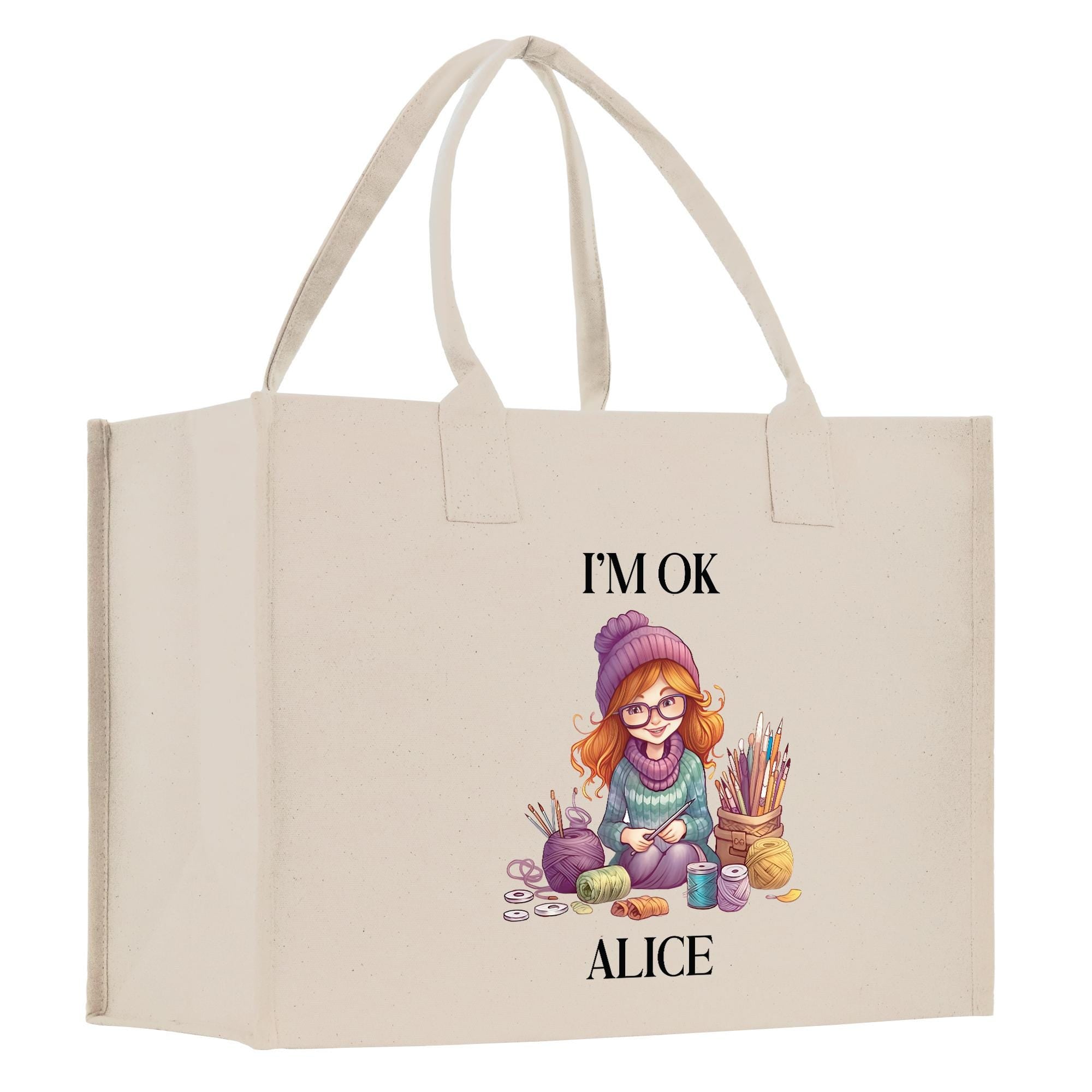 a shopping bag with a picture of a girl knitting