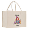a shopping bag with a picture of a girl knitting