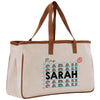 a canvas tote bag with a leather handle