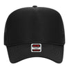 A black trucker's cap with a white and red label on the front.
