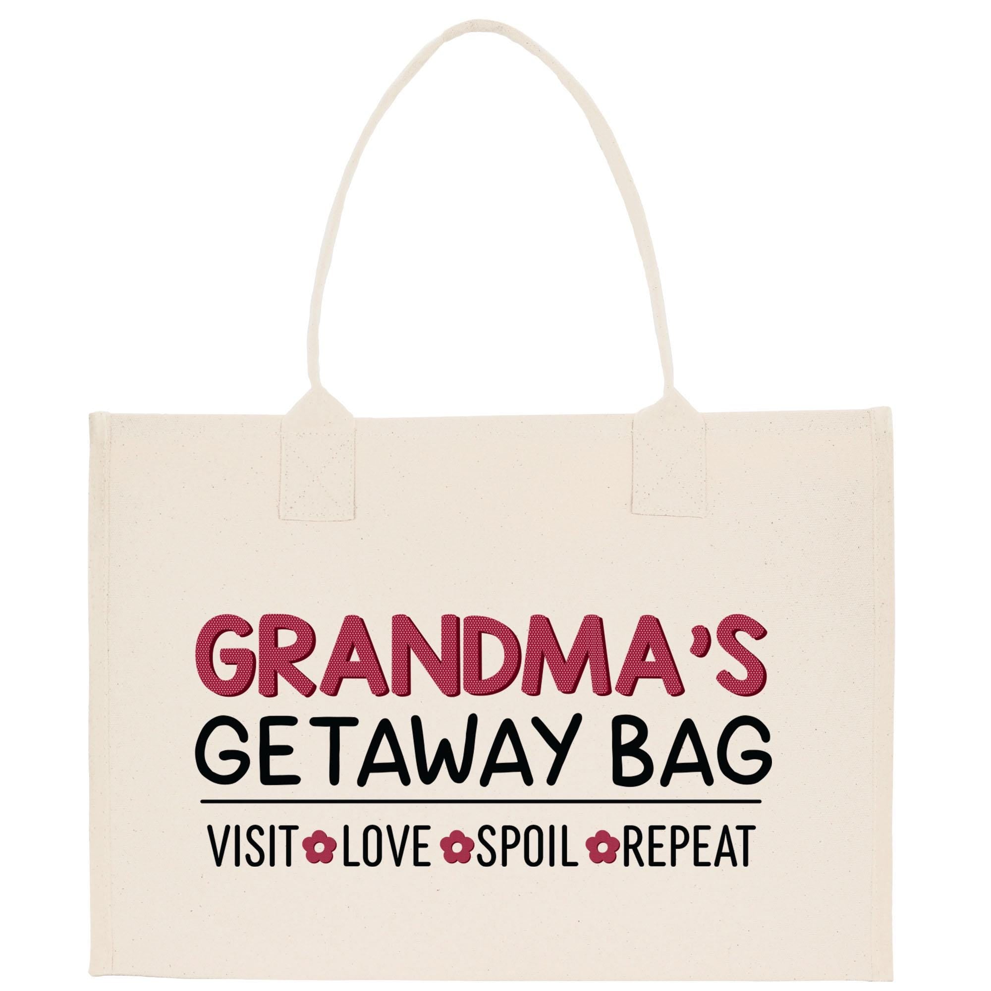 a white bag with the words grandma&#39;s getaway bag on it