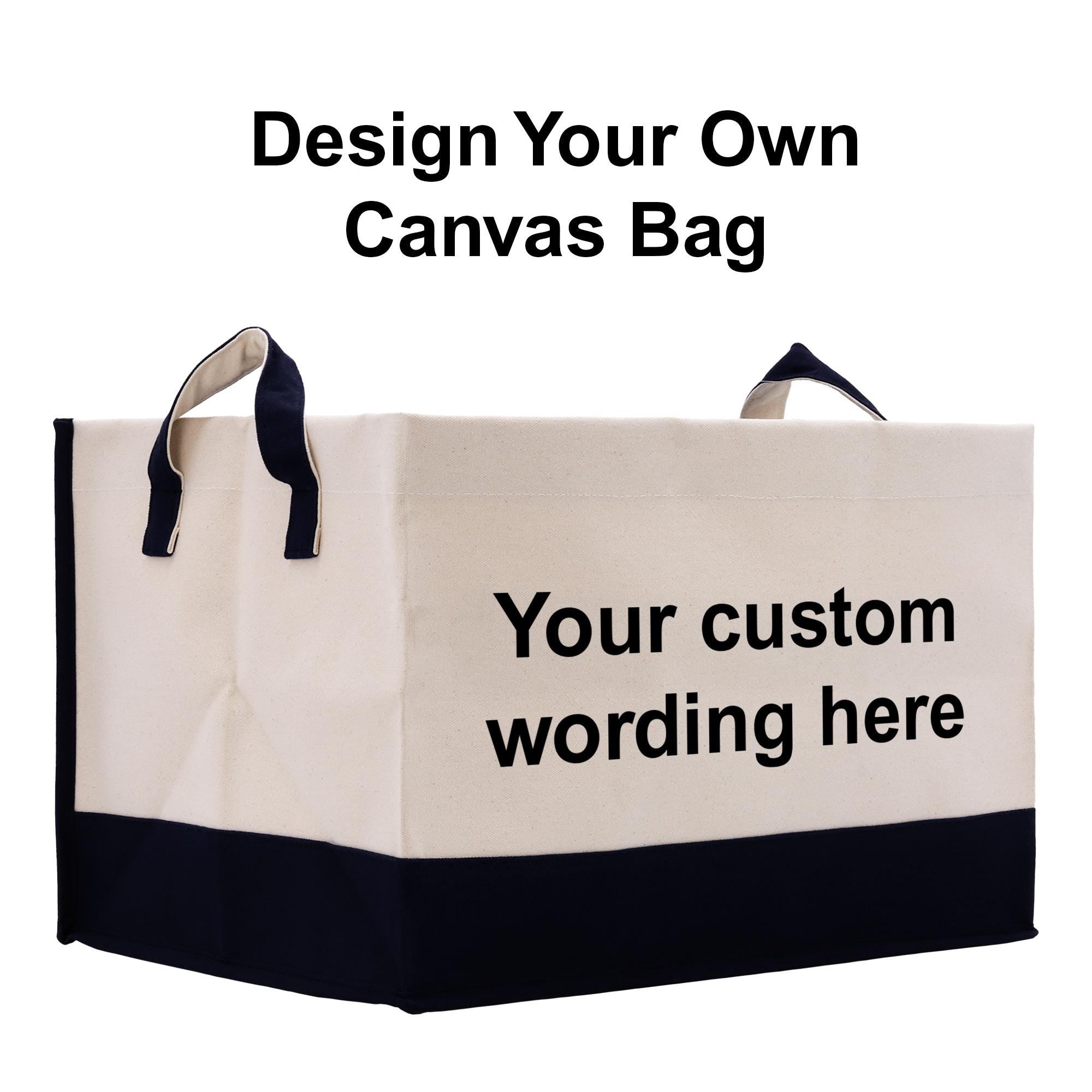 a large canvas bag with a black and white color scheme. The bag has a handle on the top and a label on the front, providing instructions for customizing the bag.