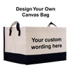 a large canvas bag with a black and white color scheme. The bag has a handle on the top and a label on the front, providing instructions for customizing the bag.