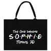 a black tote bag with the words the one where sophiie turns 30