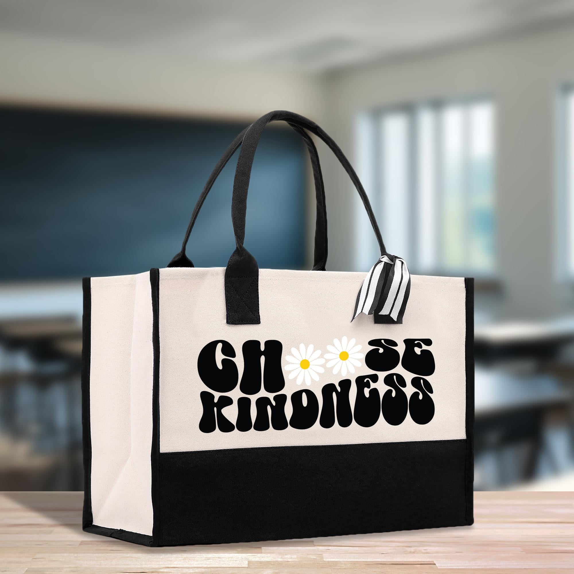 a black and white shopping bag sitting on a table