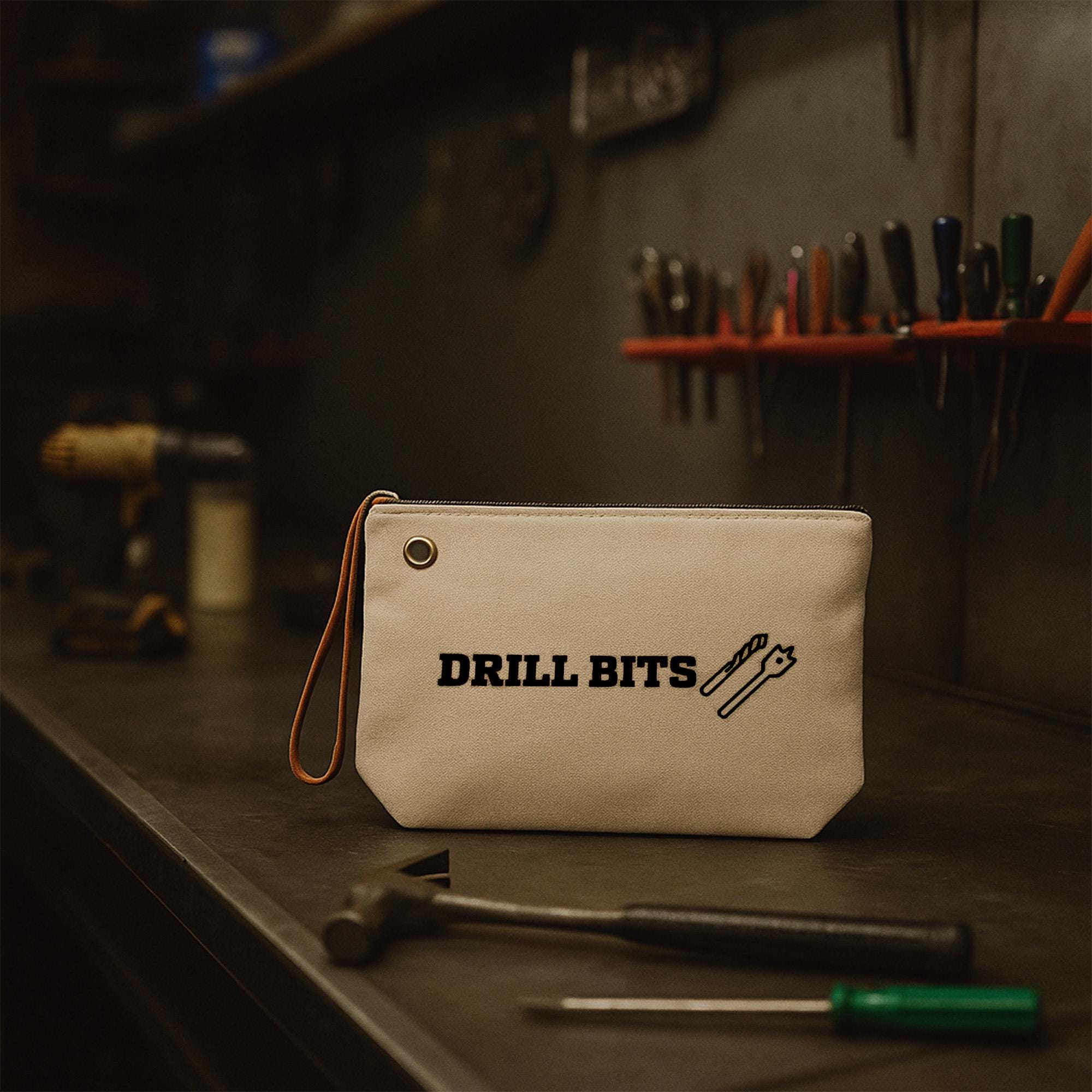 A beige tool bag with the text &quot;DRILL BITS&quot; printed on it, along with a hammer and other tools, is displayed on a workbench.
