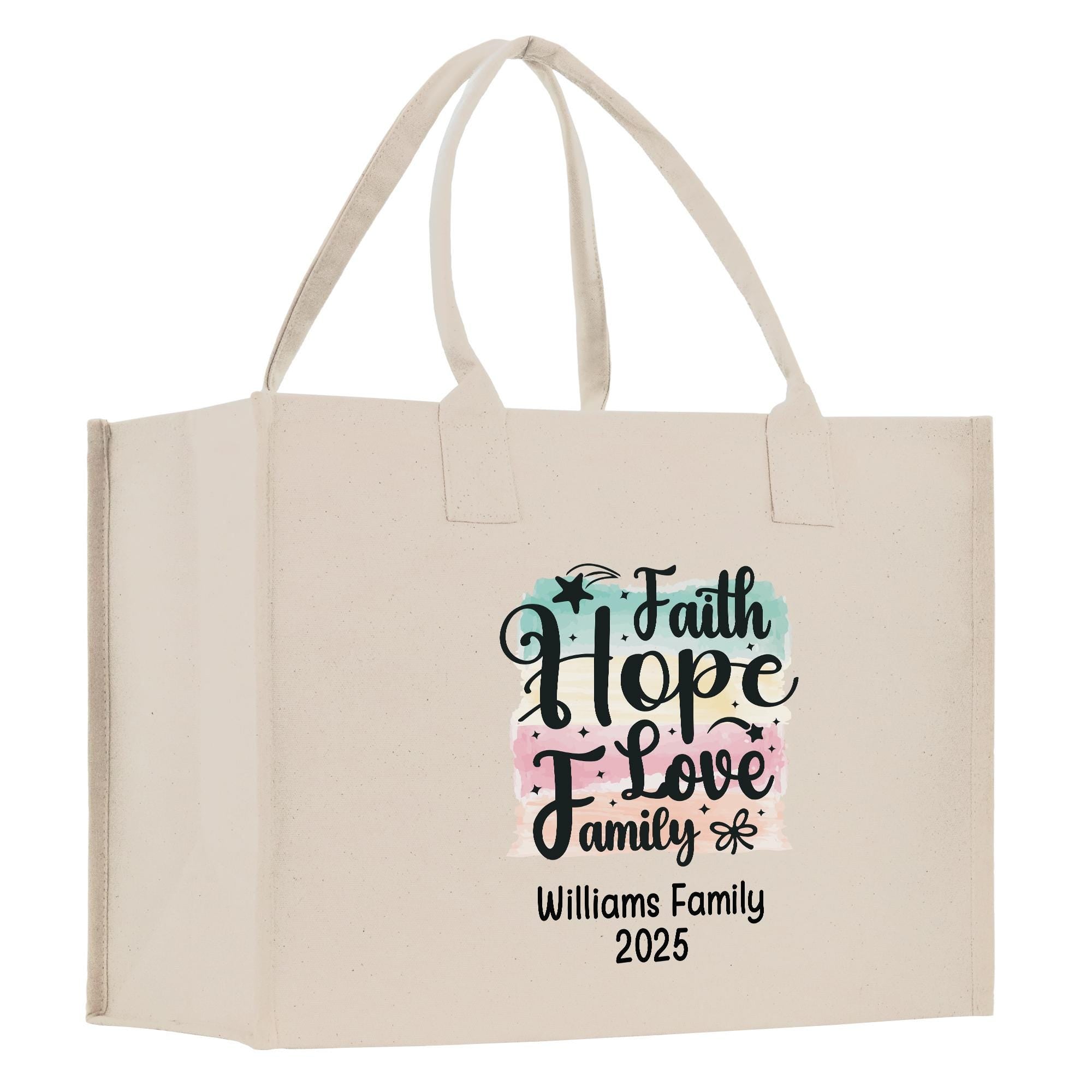 A beige canvas tote bag with a printed design on it.