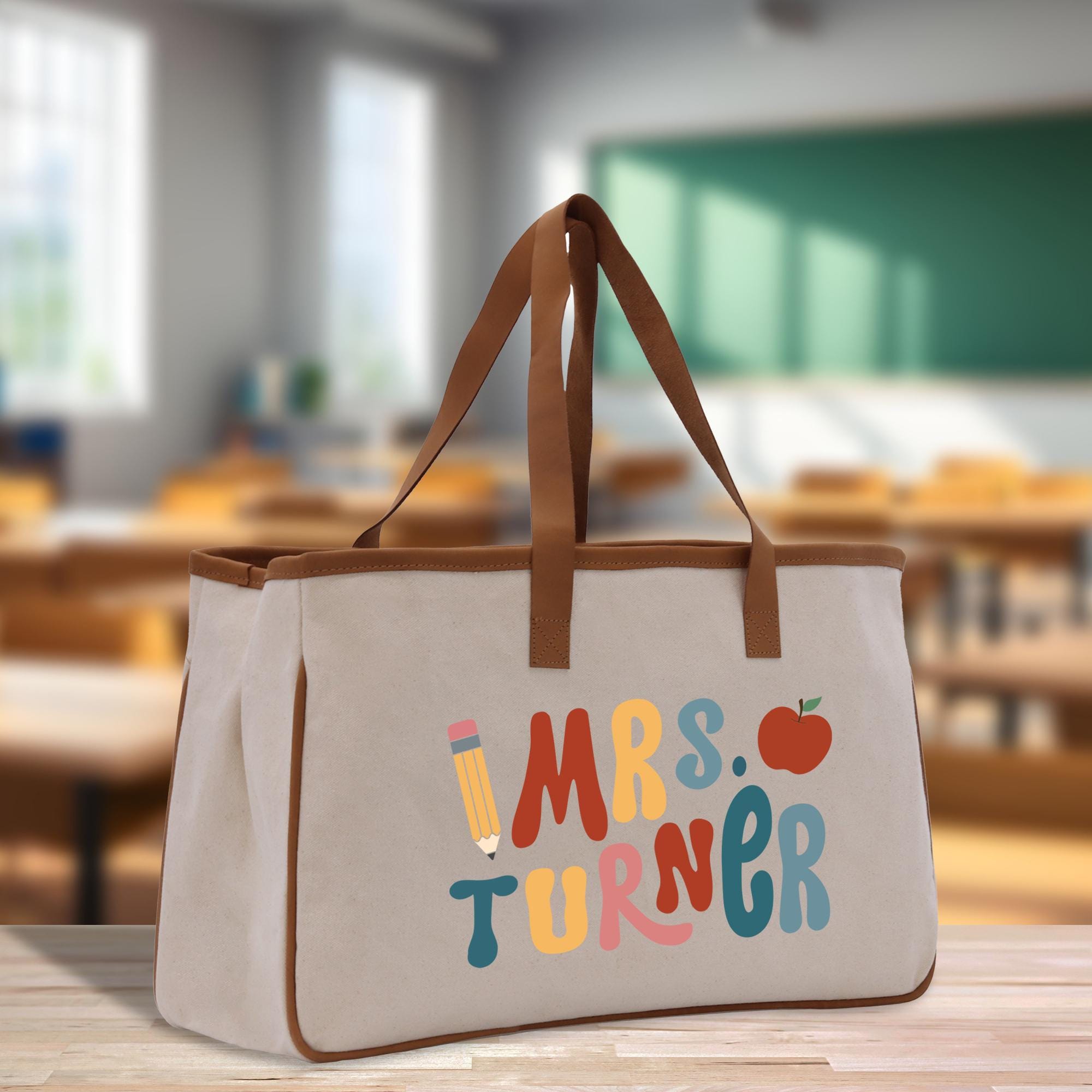 a canvas bag with a teacher&#39;s name on it