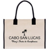 a white bag with black handles and a palm tree on it