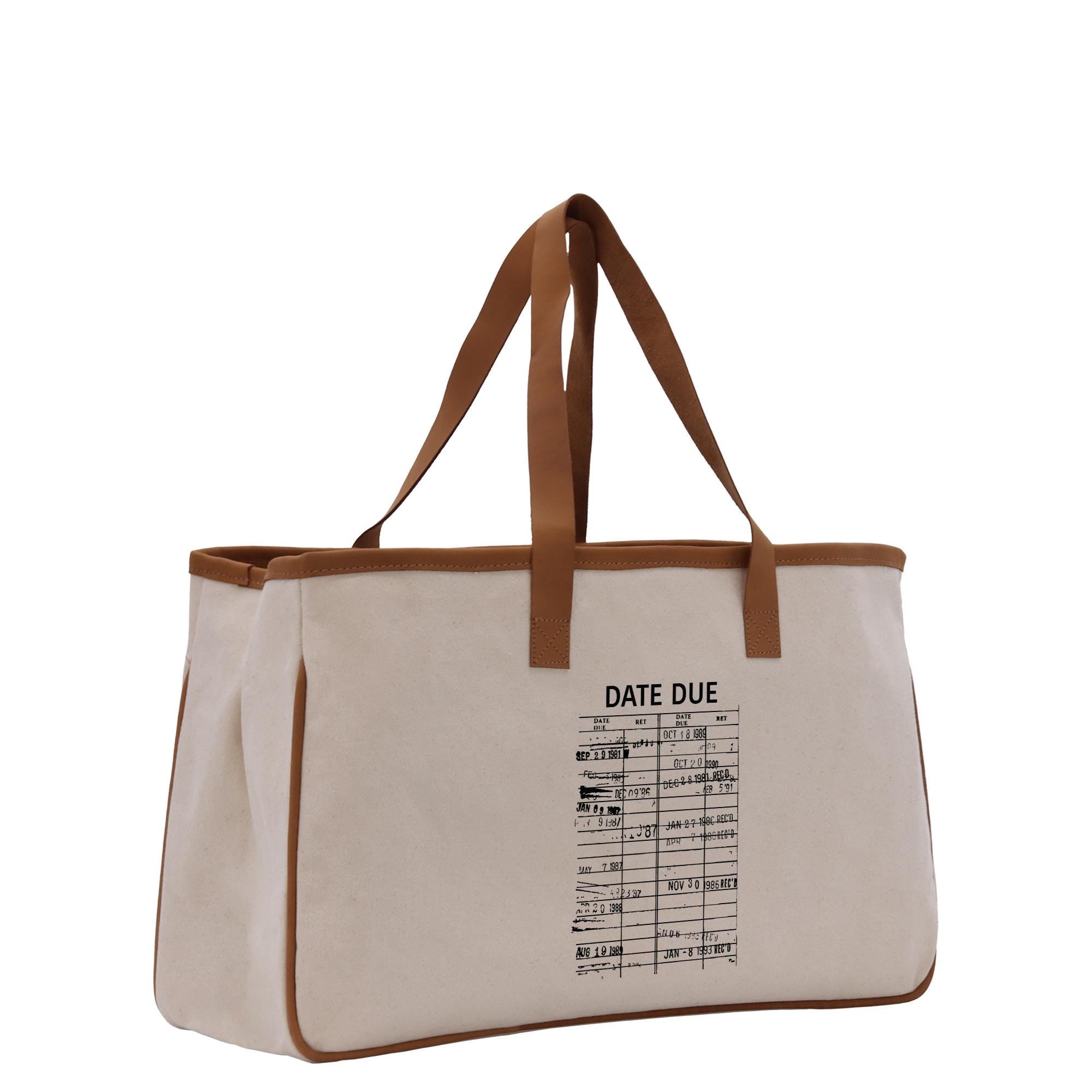 a tote bag with a date due list on it