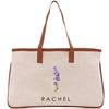 a white bag with a purple flower on it