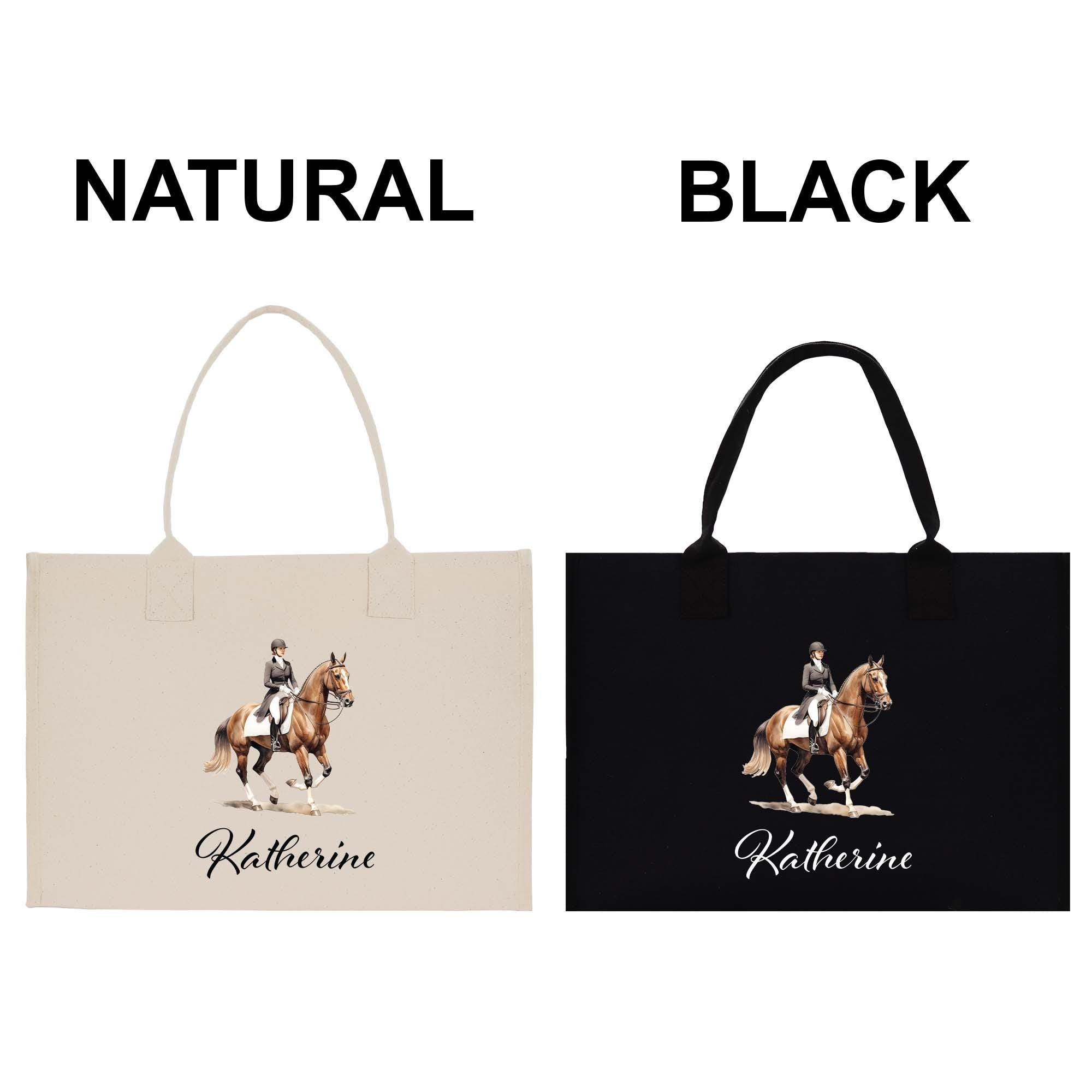 two bags, one beige and one black, both featuring a horse and rider graphic. The bag on the left is labeled &quot;NATURAL&quot; and the bag on the right is labeled &quot;BLACK&quot;.